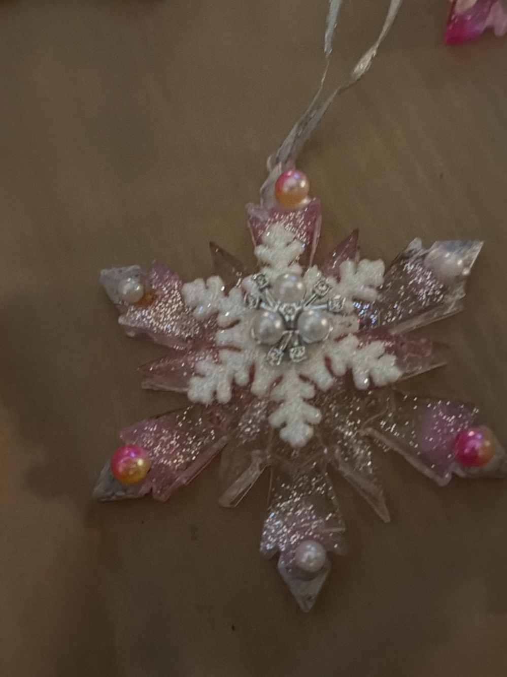 Pink Glitter Snowflake Holiday Ornament with Pearlescent Accents